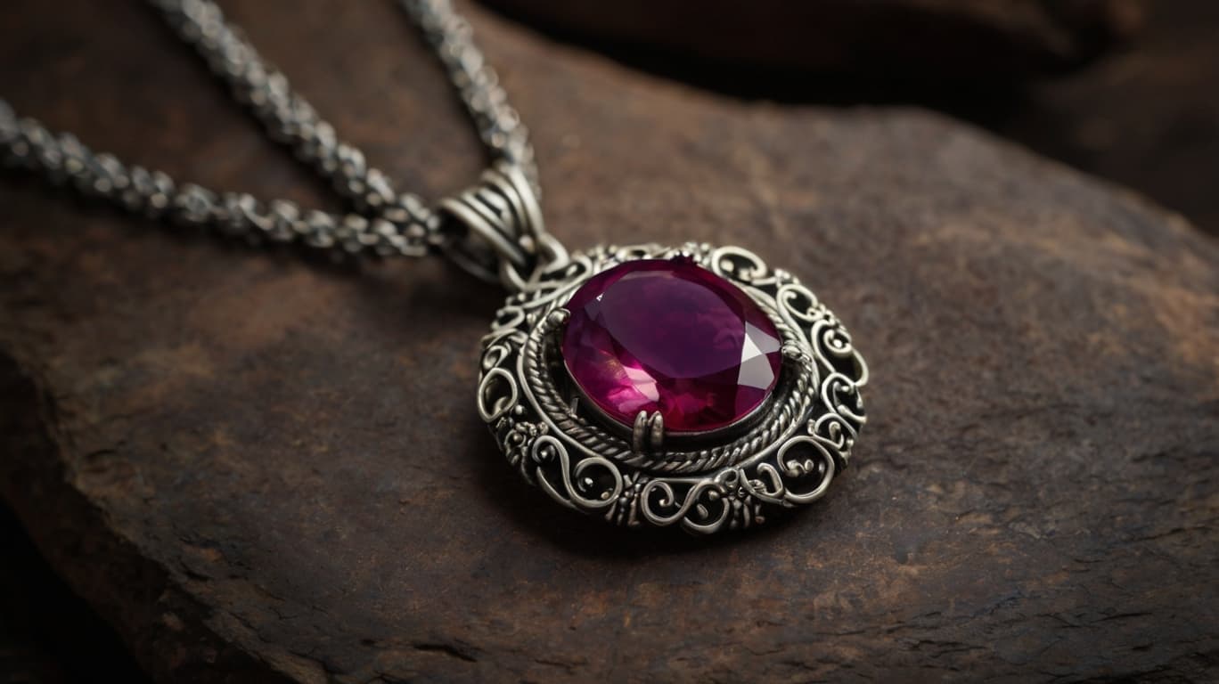 A pendant with a red amethyst lying on a stone