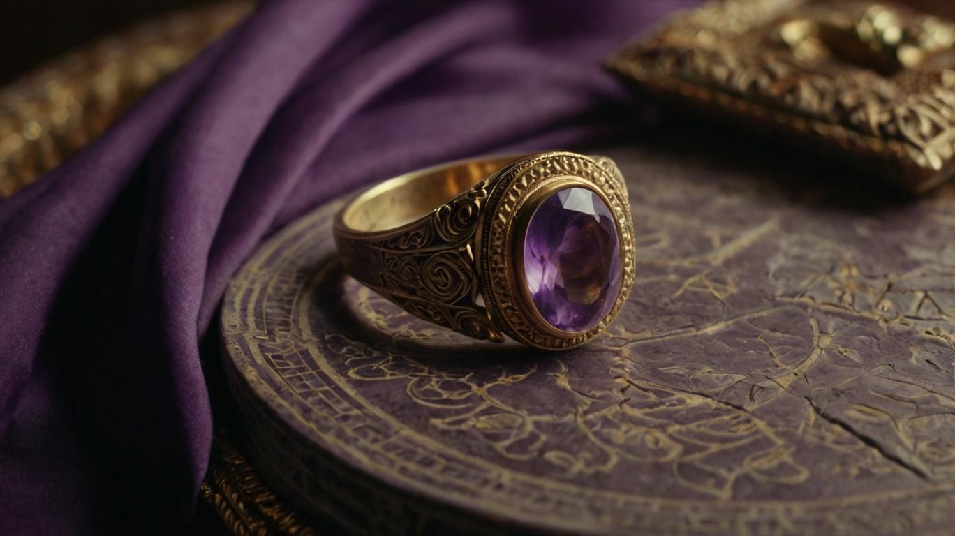 An ancient-style Amethyst ring on a table next to a piece of purple fabric