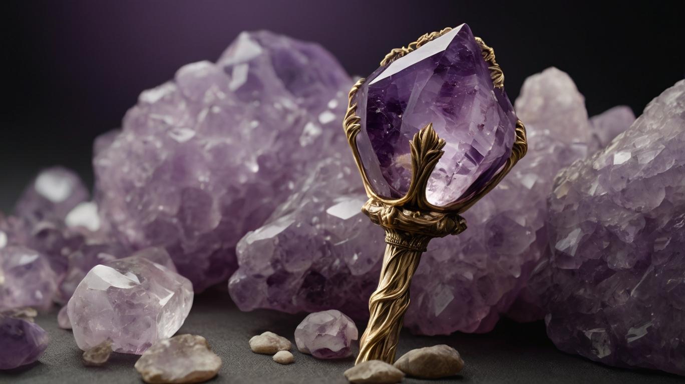 Antique Amethyst Crystal Scepter with Gold Handle on a Rough Amethyst Background