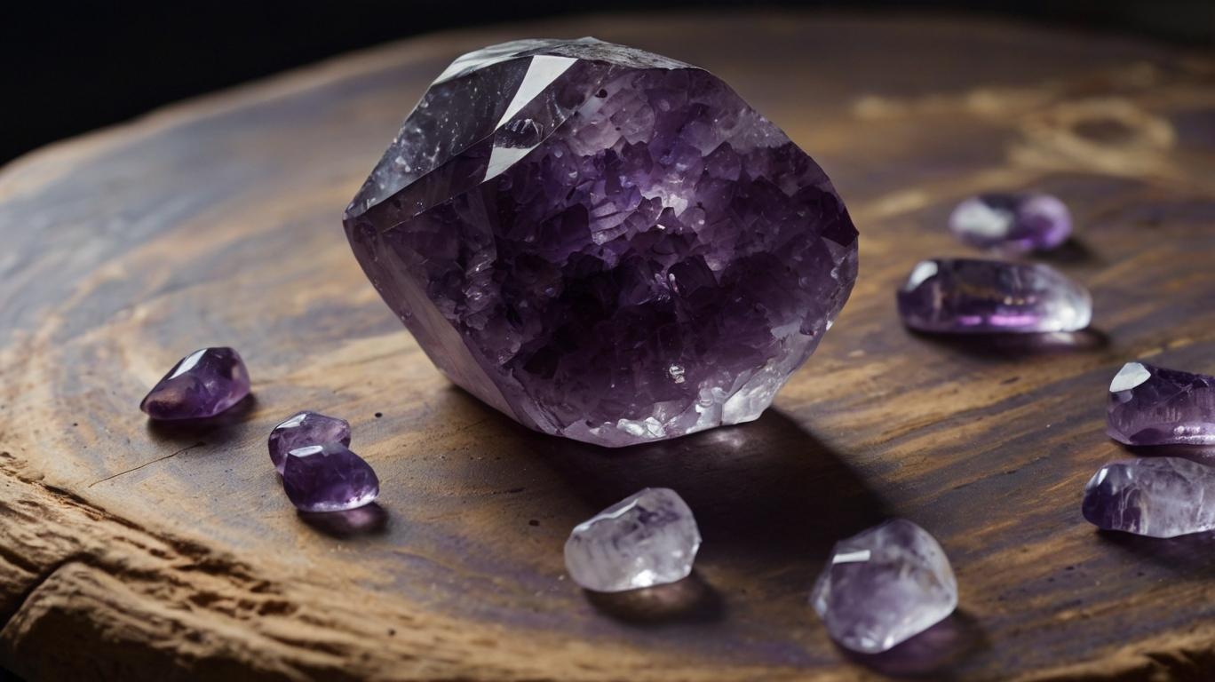 Amethyst crystal with several smaller crystals on a wooden table