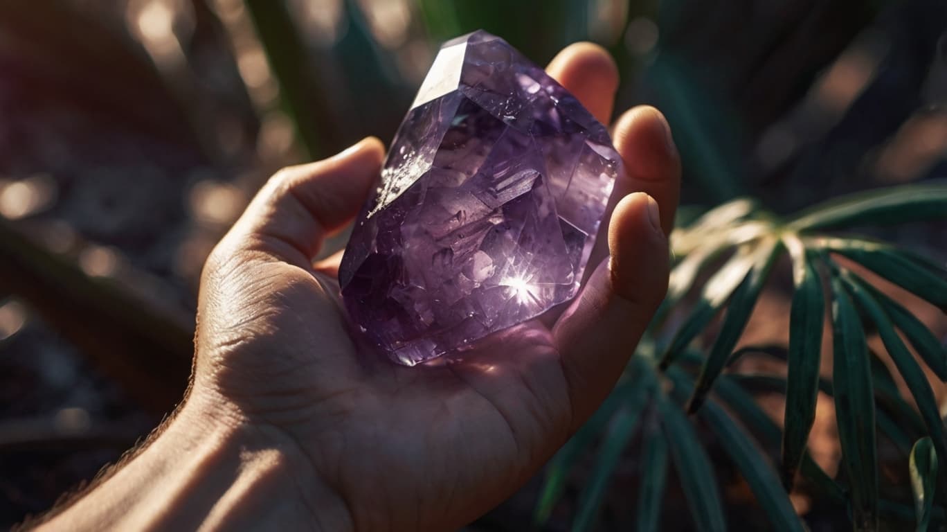 Male hand holding an Amethyst crystal against a background of tropical plants