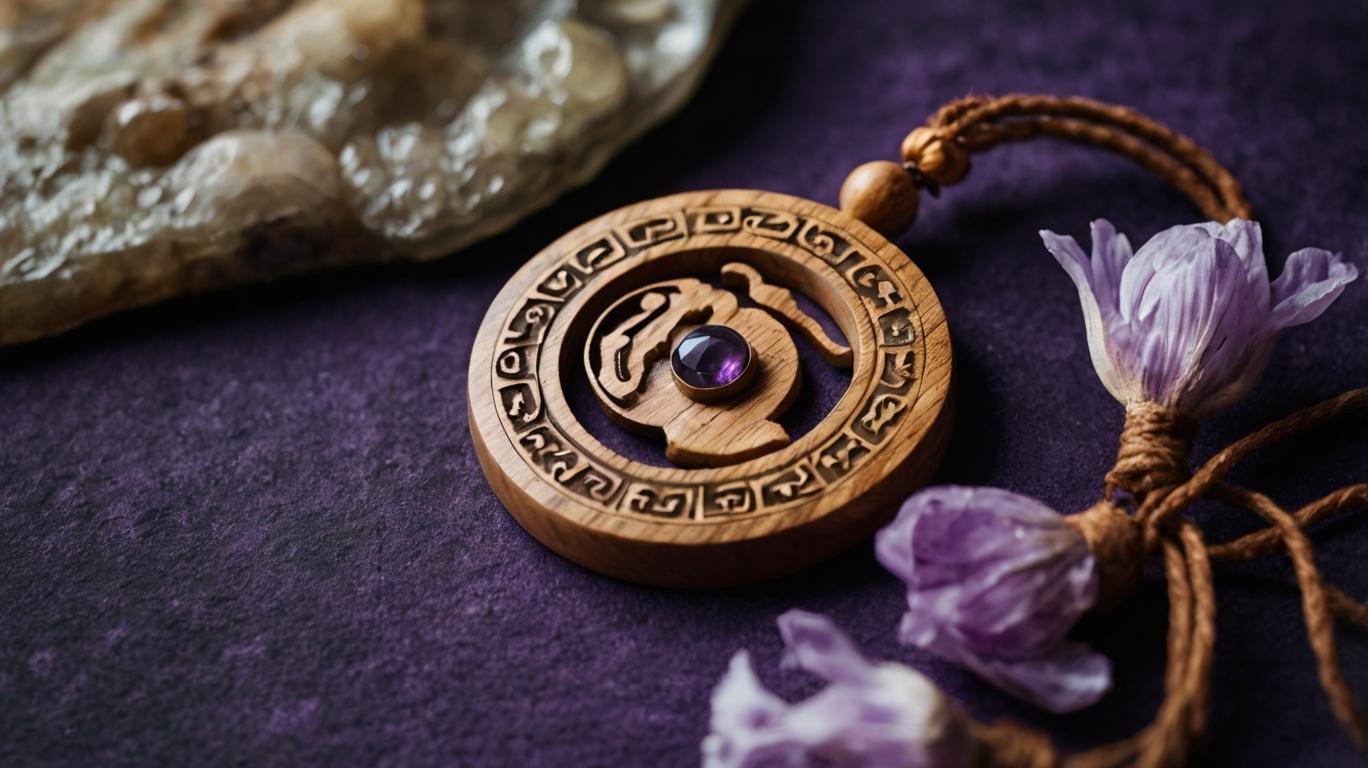 Wooden amulet with an Amethyst stone on a purple background