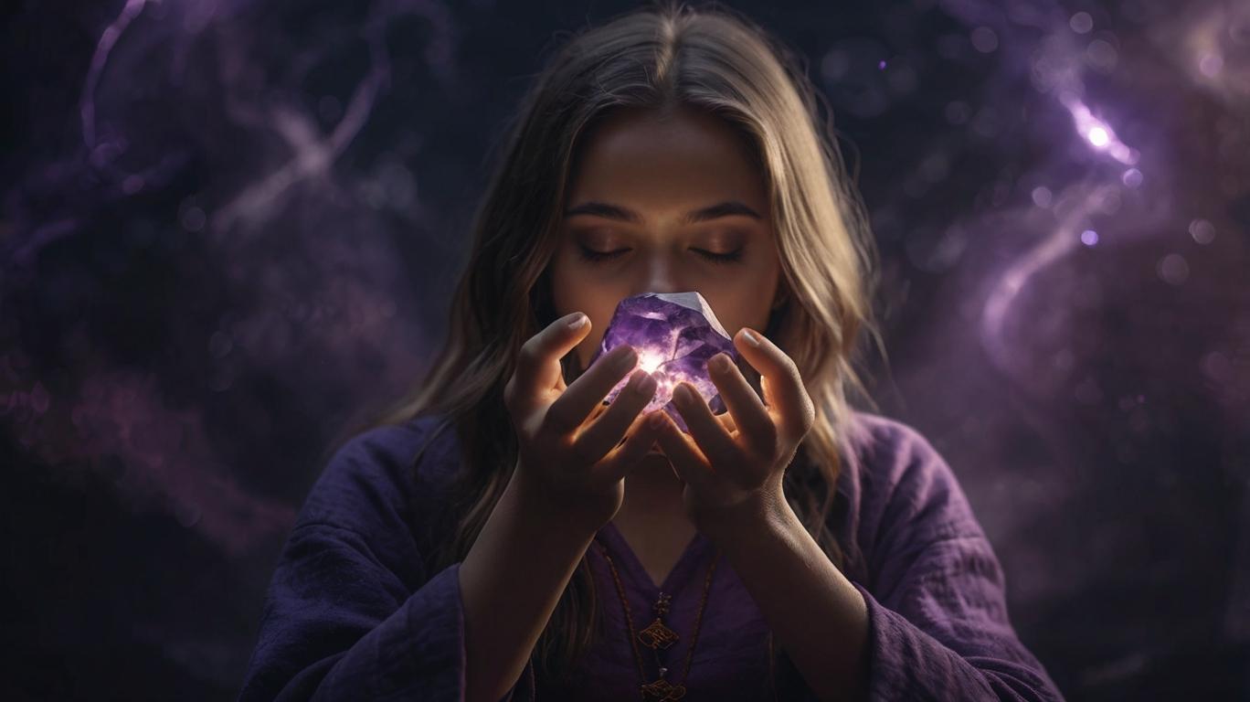 A woman holds a glowing Amethyst crystal close to her face, illuminating her hands and face with its light