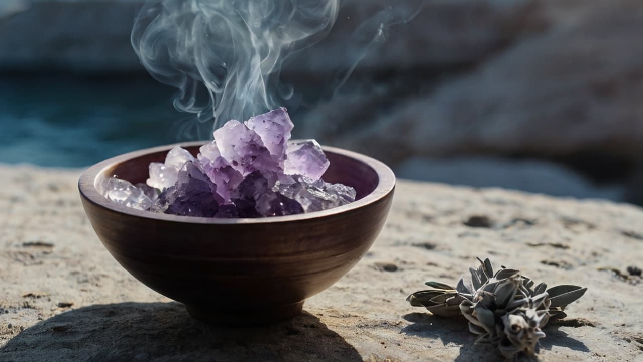 A bowl filled with Amethyst crystals emitting smoke with a bundle of sage beside it