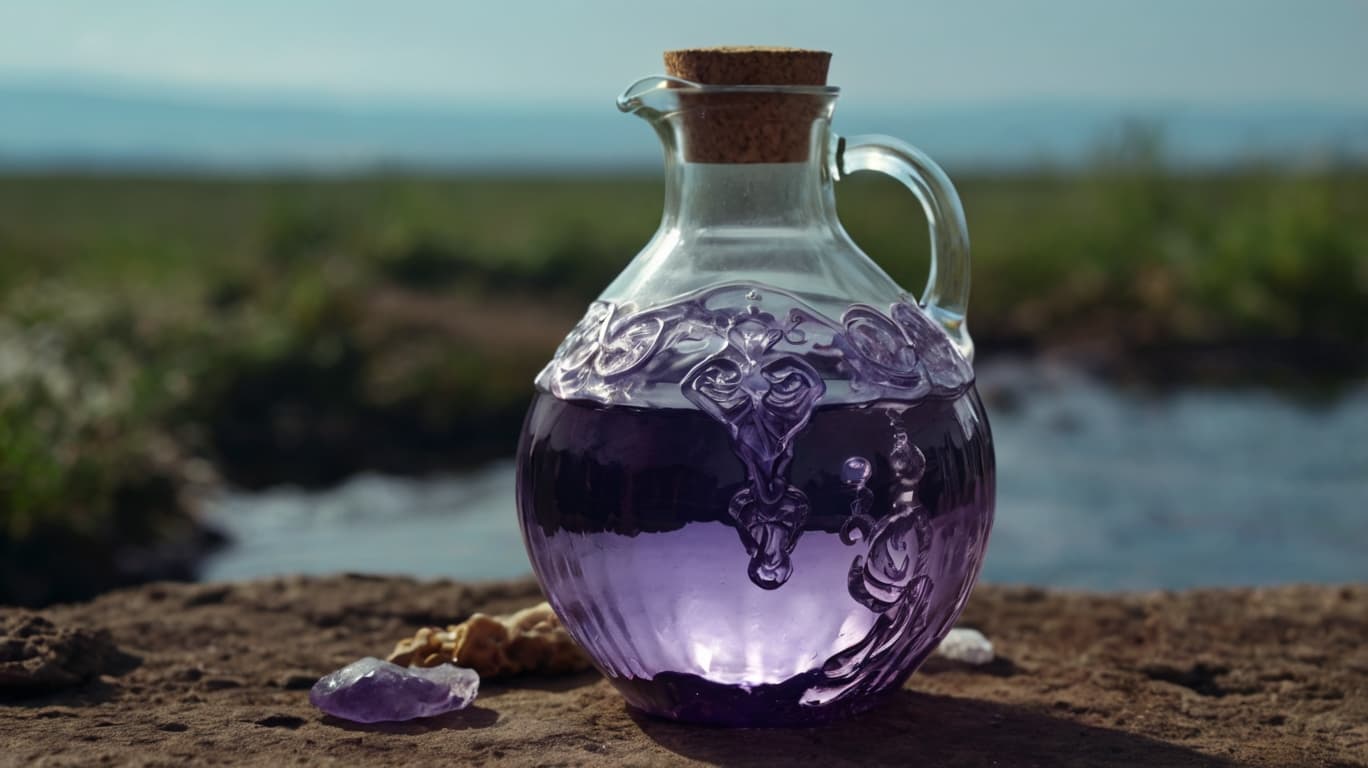 A carafe of Amethyst water on the background of nature
